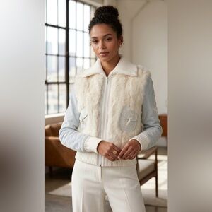 Vintage Wilsons Leather Maxima Genuine Rabbit Fur Ribbed Knit Bomber Jacket